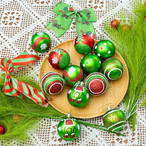 14 Pcs Christmas Ball Ornaments Set, 12 Red and Green Glittering Elf Balls with 2 Bows, 2.4 Inch Shiny Hanging Bulbs for Christmas Tree Decorations, Holiday Party, Table Centerpiece and Home Decor