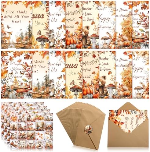 80 Sets Fall Thanksgiving Cards with Envelopes and 4 Sheets Stickers Religious Christmas Christian Scriptures Autumn Holidays Exchange Greeting Cards for Lovers Friends Family Gifts