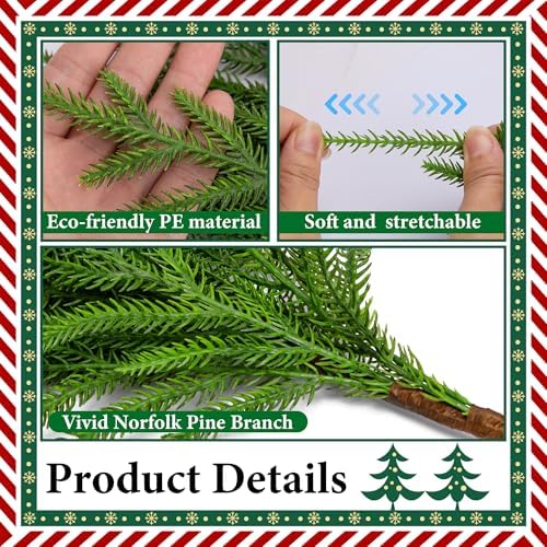 10 Pcs Christmas Norfolk Pine Branches, 19" Extra Length Artificial Xmas Branches Plants Pine Needles, Fake Greenery Norfolk Pines Stems Sprigs for DIY Craft Garland Home Garden Decor
