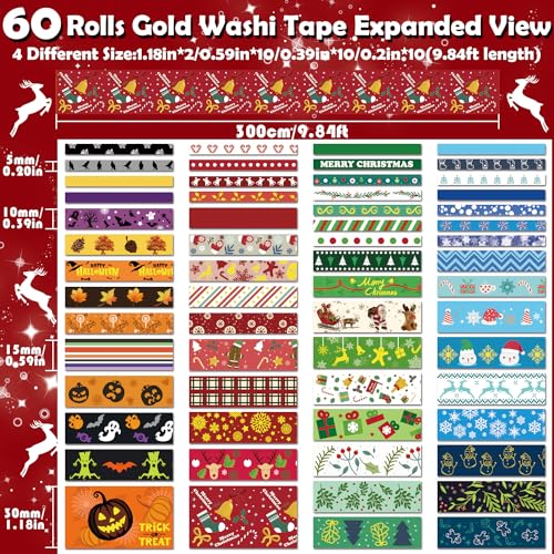 60 Rolls Holiday Washi Tape Set,4 Sizes Decorative Masking Tape Christmas Thanksgiving Fall Halloween Winter Washi Tape for Journaling Supplies Scrapbook Journal Bullet