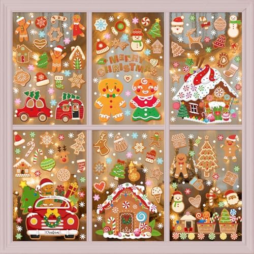 XZENTIRA 288 PCS Gingerbread Window Clings Christmas Party Decorations Gingerbread House Window Stickers for Home Window Glass Display Decorations Winter Window Stickers 9 Sheets