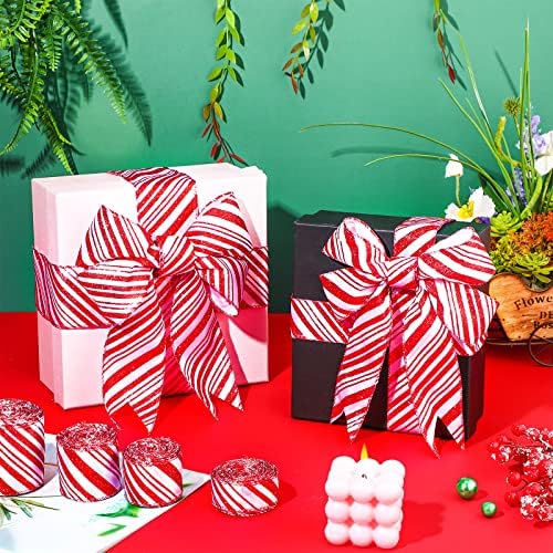 Ysleen 4 Rolls 24 Yards Christmas Candy Cane Wired Ribbons 1.0 Inch 1.5 Inch 2.0 Inch 2.5 Inch Glitter Red and White Striped Ribbon for Christmas Tree Home Decorations Gift Wrapping Ribbons
