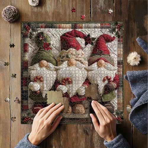 Christmas Gnome Puzzles for Adults 1000 Pieces, Unique Retro Xmas Patchwork Art Challenge Jigsaw Puzzle, Winter Holiday Vintage Christmas Themed, Three Cute Gnomes Quilting Puzzles for Adults