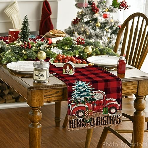 Artoid Mode Red and Black Buffalo Plaid Merry Christmas Tree Table Runner, Seasonal Truck Gifts Kitchen Dining Table Decoration for Outdoor Home Party 13x72 Inch