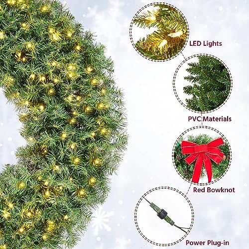Yaheetech 48in Large Artificial Christmas Wreath, Pre-lit Holiday Accent Decoration with Red Bow, 200 LED Lights & 720 PVC Tips, Metal Structure for Door Wall & Mantel