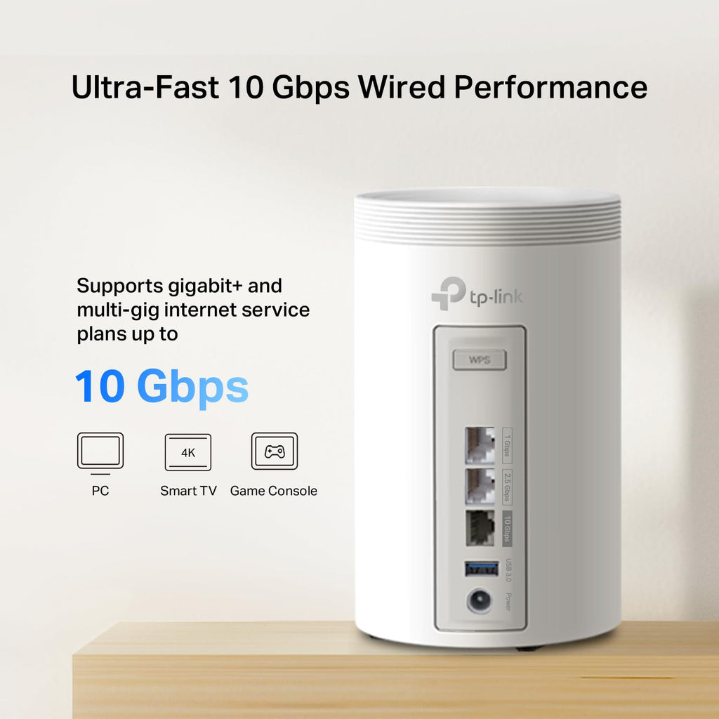TP-Link Deco 7 Pro BE14000 Tri-Band Wi-Fi 7 Whole Home Mesh System | 8-Stream 14 Gbps | 10G WAN/LAN Port | Up to 8100 Sq.ft, 200 Devices Capacity | 320 MHz, HomeShield, AI-Roaming | BE67 1-Pack Router
