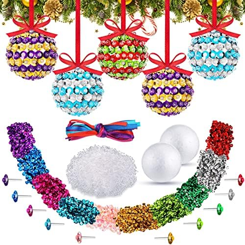 Zhanmai 16 Pcs Christmas Crafts Sequin Ornaments Kit Include Foam Balls Sequins for Crafts Ribbons Pins DIY Christmas Tree Ornaments for Adults Arts and Craft Supplies Christmas Party Decor(Colorful)