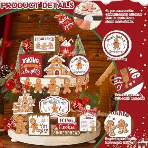 17 Pcs Christmas Tiered Tray Decor Set Winter Tiered Tray Decorations Farmhouse Tabletop Centerpiece Christmas Wooden 3D Sign for Xmas Home Buffalo Plaid Rustic Table Decoration(Gingerbread)