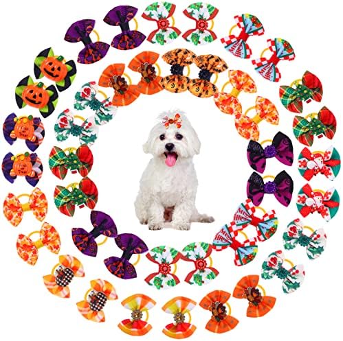 Yerliker 60 Pcs Halloween Thanksgiving Dog Hair Bows with Strong Rubber Bands, Christmas Dog Bows with Rhinestone Pearls, PET Handmade Hair Bowknot Dog Grooming Accessories for Dogs Cats, 30 Pairs