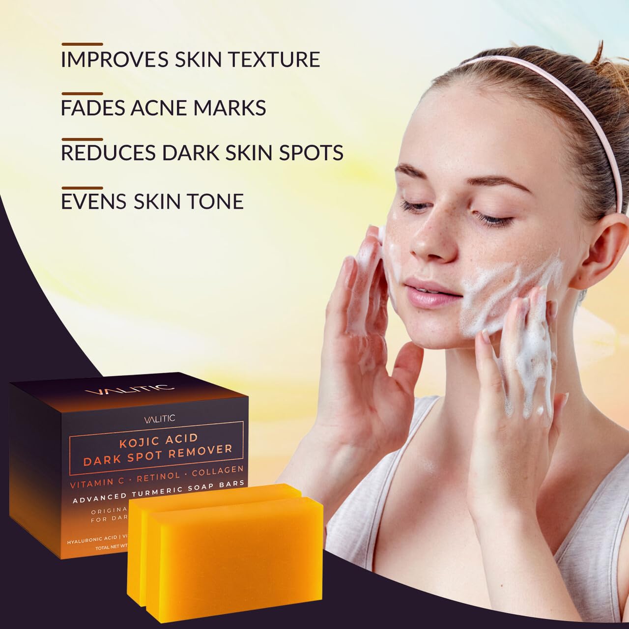 VALITIC Kojic Acid Dark Spot Corrector Soap Bars with Vitamin C, Retinol, Collagen, Turmeric - Original Japanese Complex - Hyaluronic Acid, Vitamin E, Shea Butter, Castile Olive Oil - 2 Pack With Bag