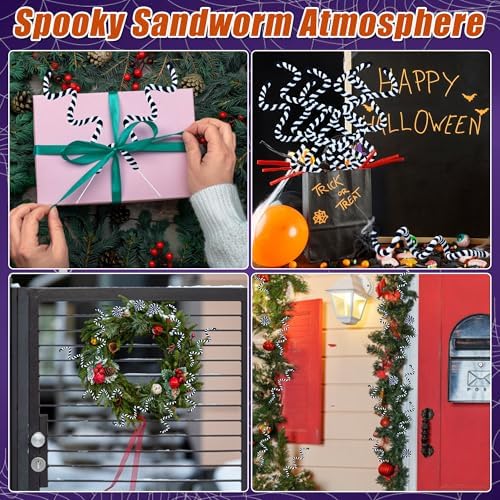 12 PCS Halloween Plant Stakes Sandworm Decorations 14Inch Black and White Christmas Tree Picks Woolen Curly Pick Floral Picks for Party Supply Crafts Ornament