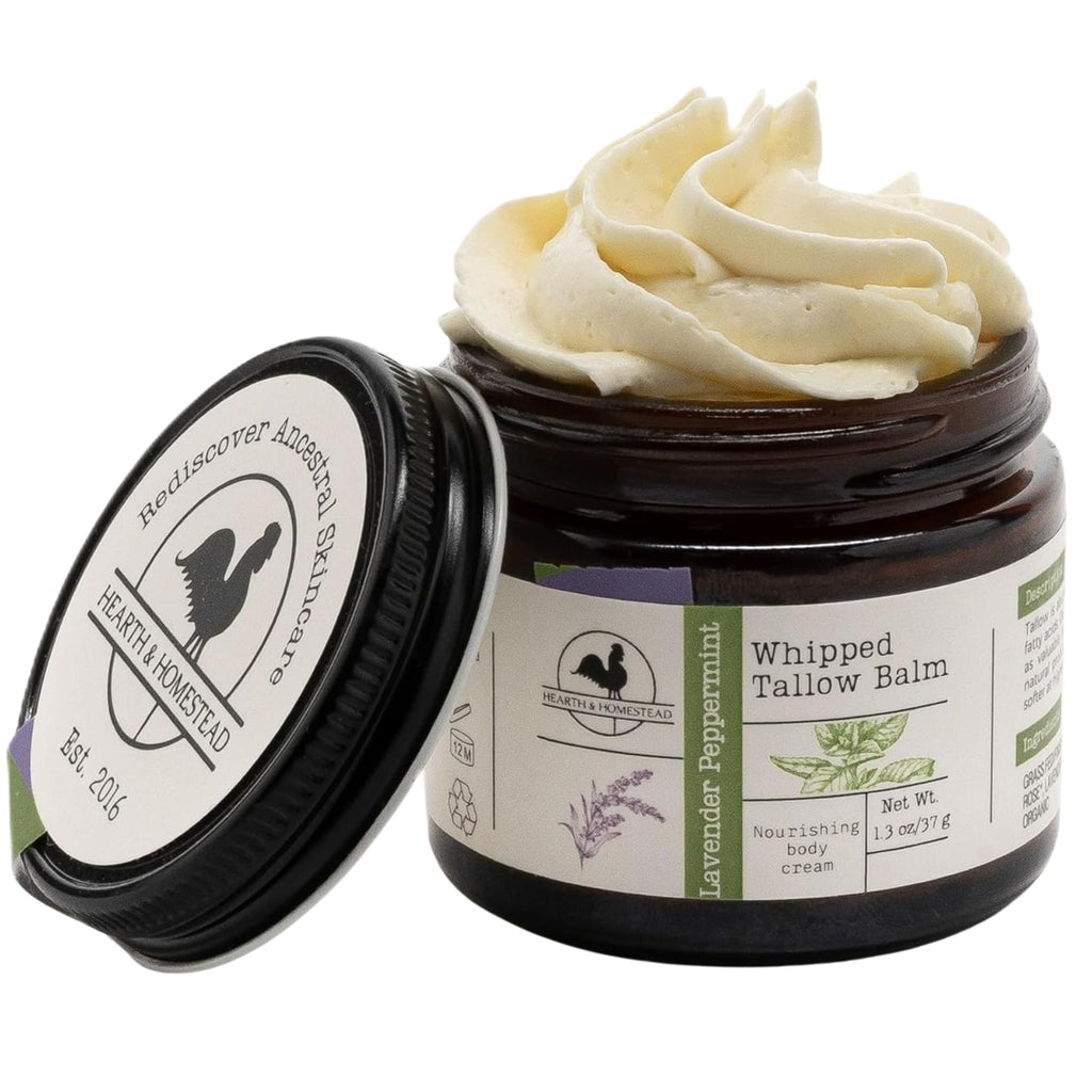 Hearth & Homestead Whipped Beef Tallow for Skin - 100% Grass Fed, Eczema Cream & Body Butter - Organic Olive Oil, Calendula & Rose - Lotion & Hand Moisturizer for Dry Skin, Lavender Peppermint, 1.3oz