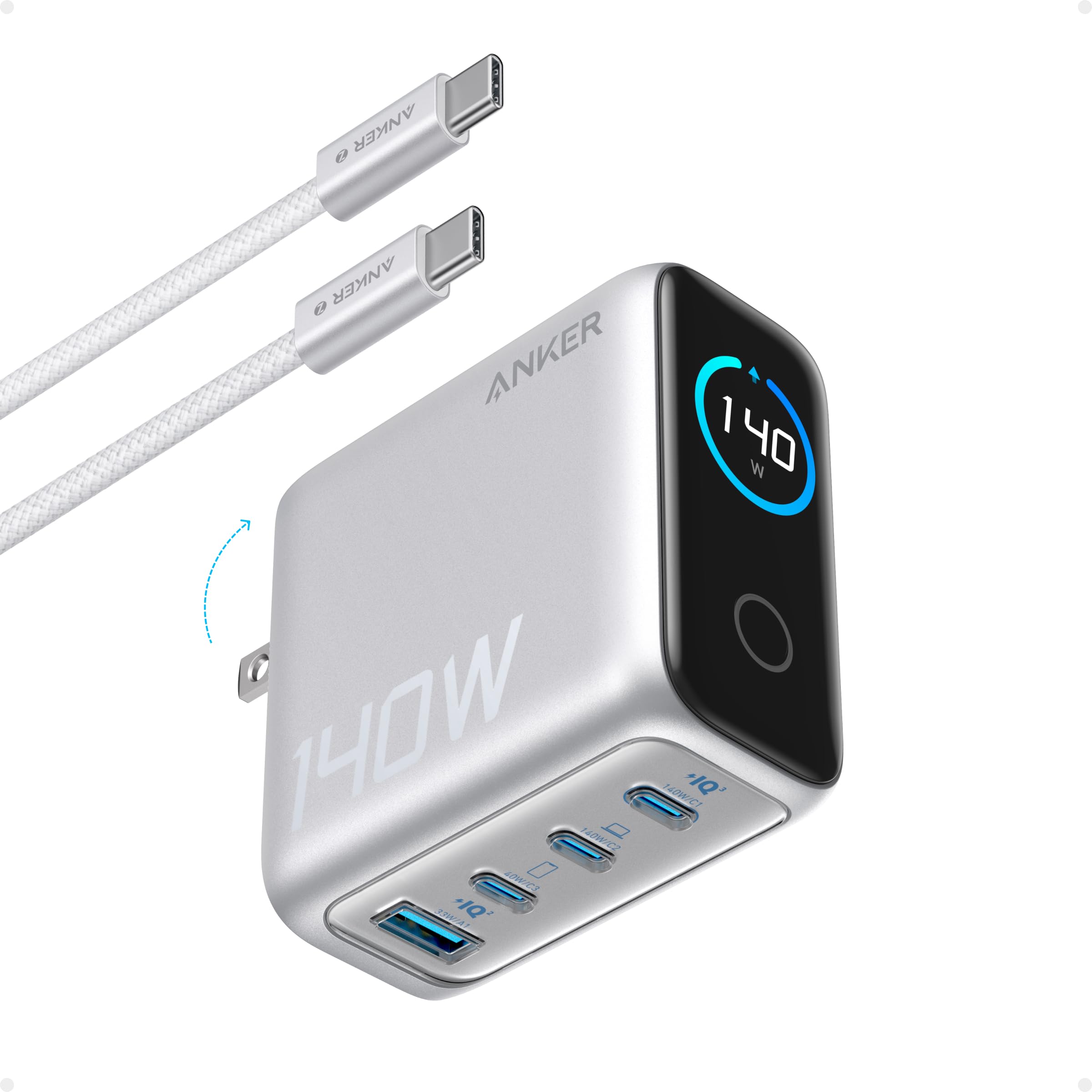 Anker MacBook Pro Charger,140W Max 4-Port GaN USB C Charger Block with Smart Display,Fast Charger USB C Power Adapter,Touch Controls for Macbook,iPad,iPhone 17/16 Series(Include 5FT Cable,Non-Battery)