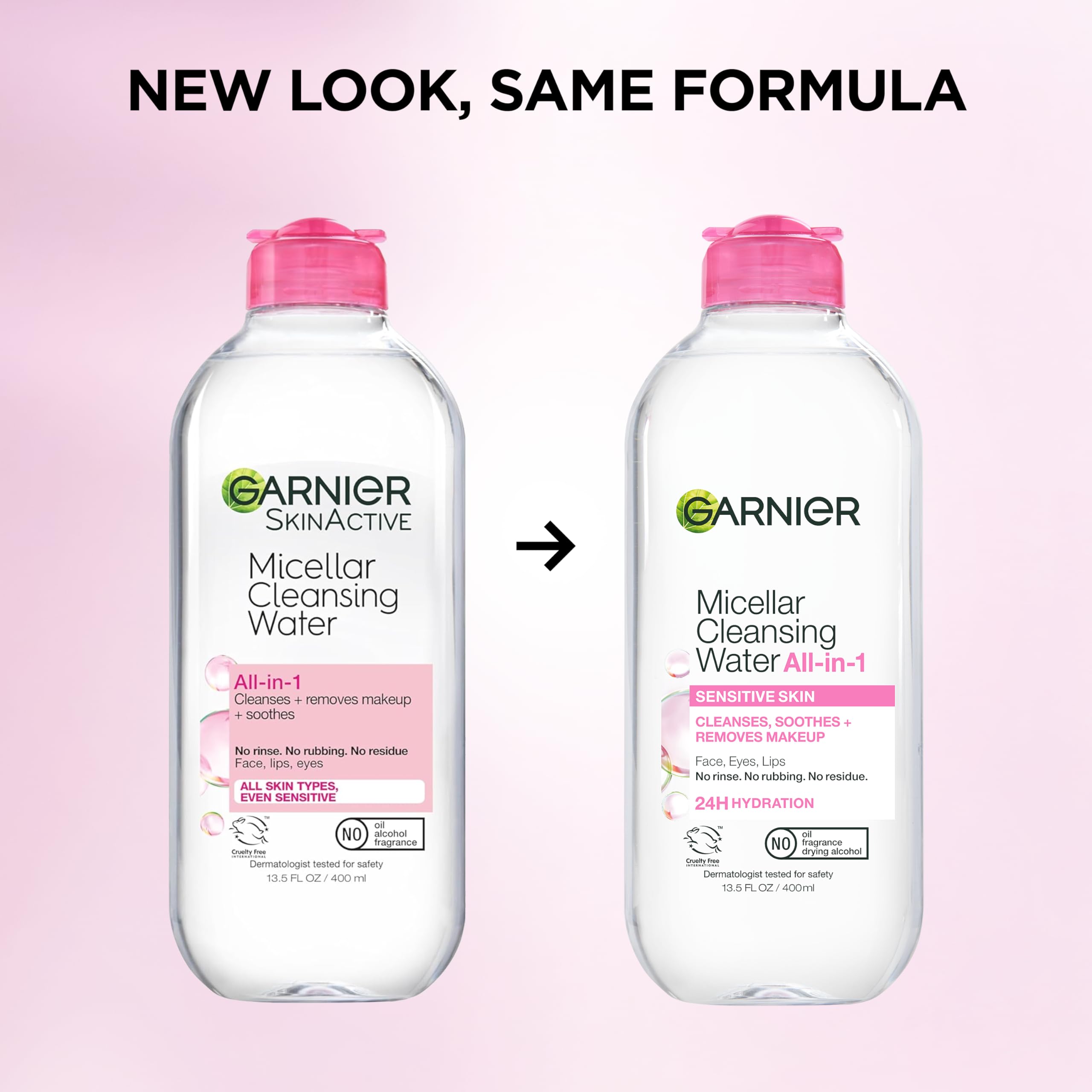 Garnier Micellar Water, Hydrating Facial Cleanser & Makeup Remover, Suitable for Sensitive Skin, Vegan, Cruelty Free, 13.5 Fl Oz (400mL), 2 Count