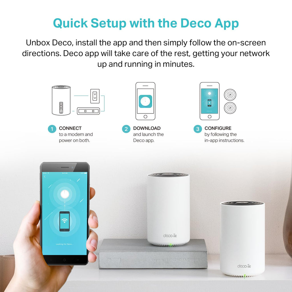 TP-Link Deco XE75 AXE5400 Tri-Band WiFi 6E System - Wi-Fi up to 7200 Sq.Ft, Engadget Rated Best for Most People, Replaces WiFi Router and Extender, AI-Driven New 6GHz Band, 3-Pack