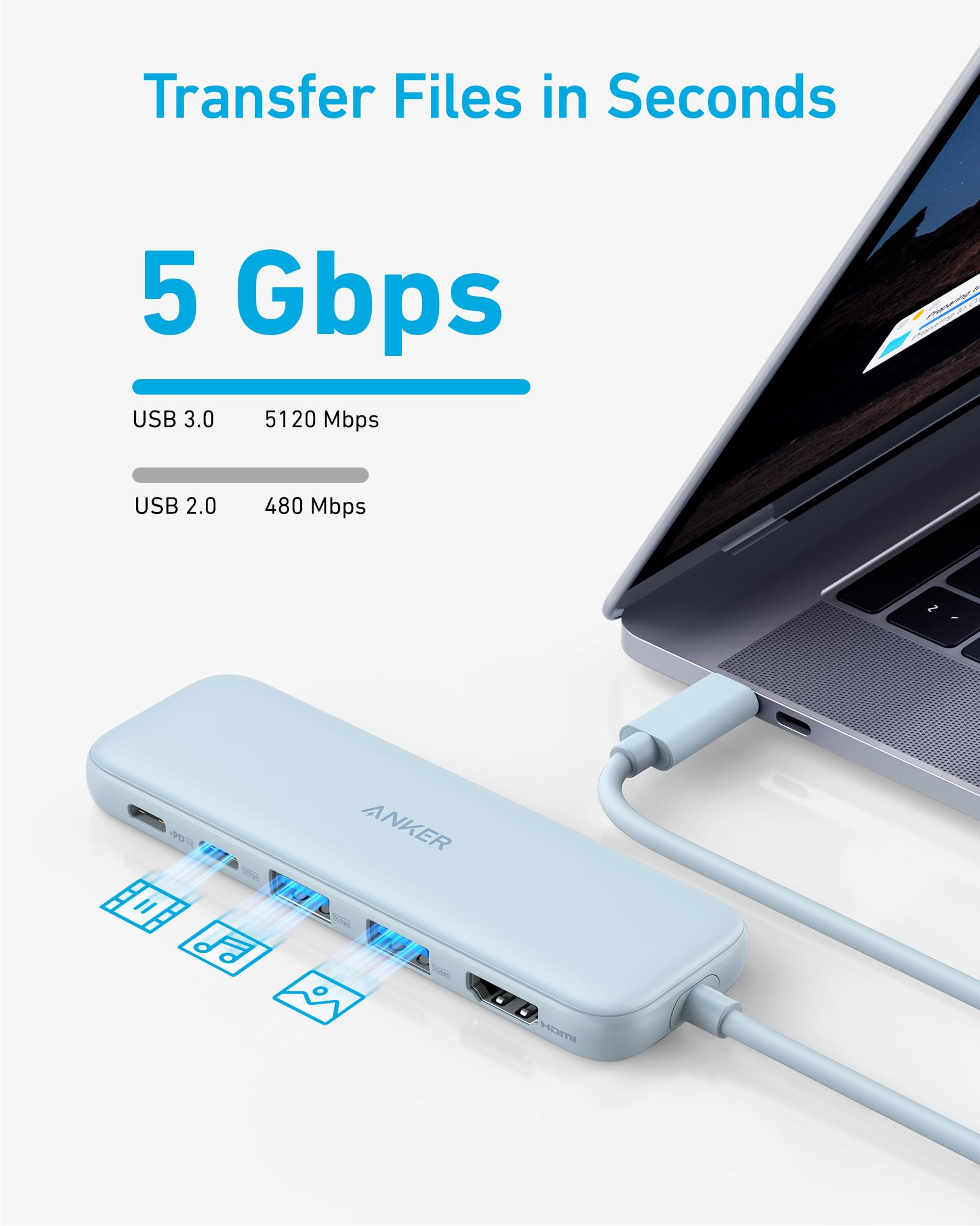 Anker USB C Hub, 5-in-1 USBC to HDMI Hub with 4K Display, 5Gbps USB-C and 2 5Gbps USB-A Data Ports for MacBook Pro, MacBook Air, Dell XPS, Lenovo Thinkpad, HP Laptops and More (Blue)