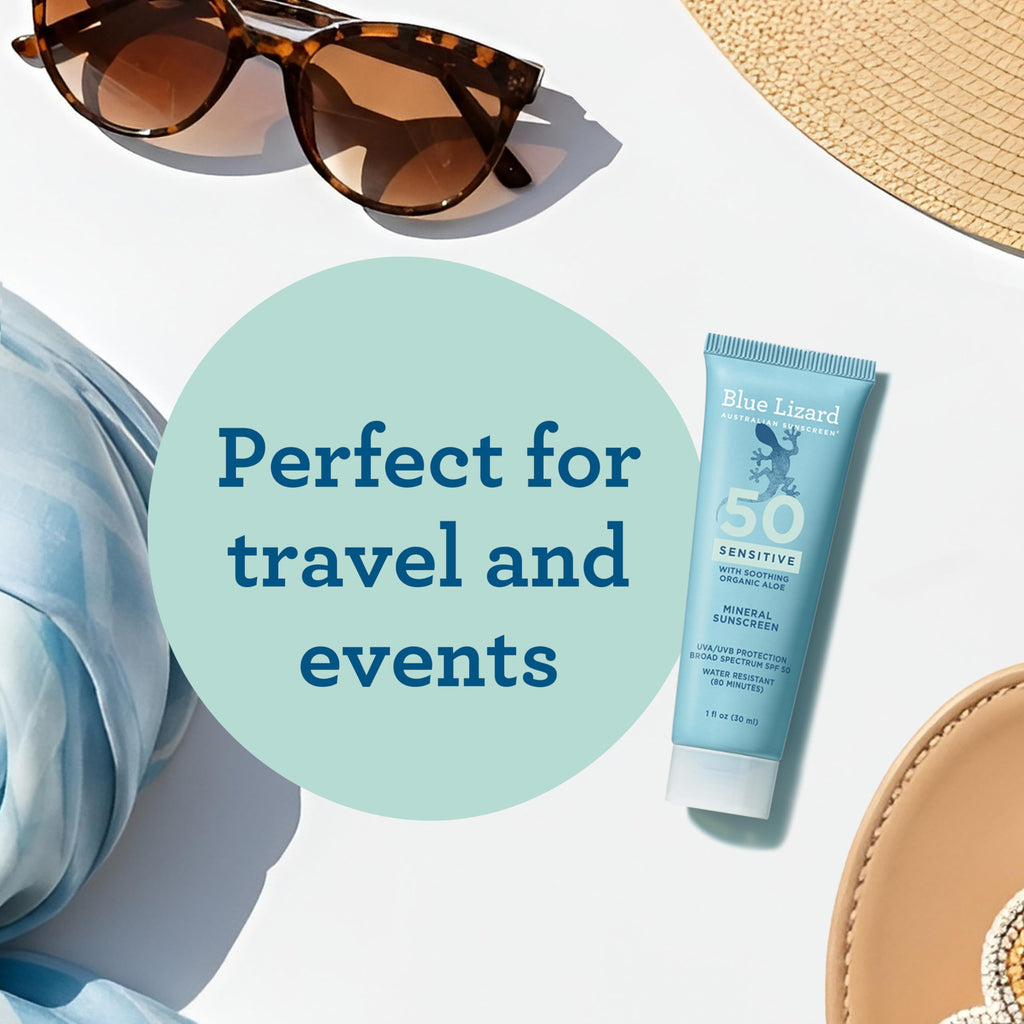 Blue Lizard Sensitive Mineral SPF 50 Sunscreen Lotion, 100% Mineral Active Sunscreen, Travel Size, UVA/UVB Protection, Infused with Organic Aloe Vera, We Love The Reef Formula, 1 fl oz, 24-Pack