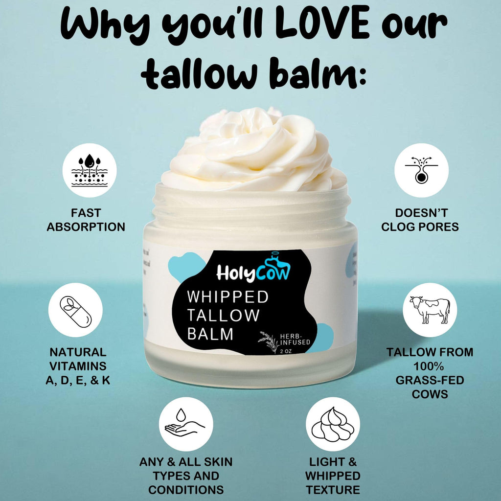 HolyCow 100% Grass Fed Beef Tallow For Skin - Whipped Tallow Balm with Organic Jojoba Oil (Unscented/Herb-Infused), Grass Fed Beef Tallow Face Moisturizer for Eczema, Baby, Lip Balm