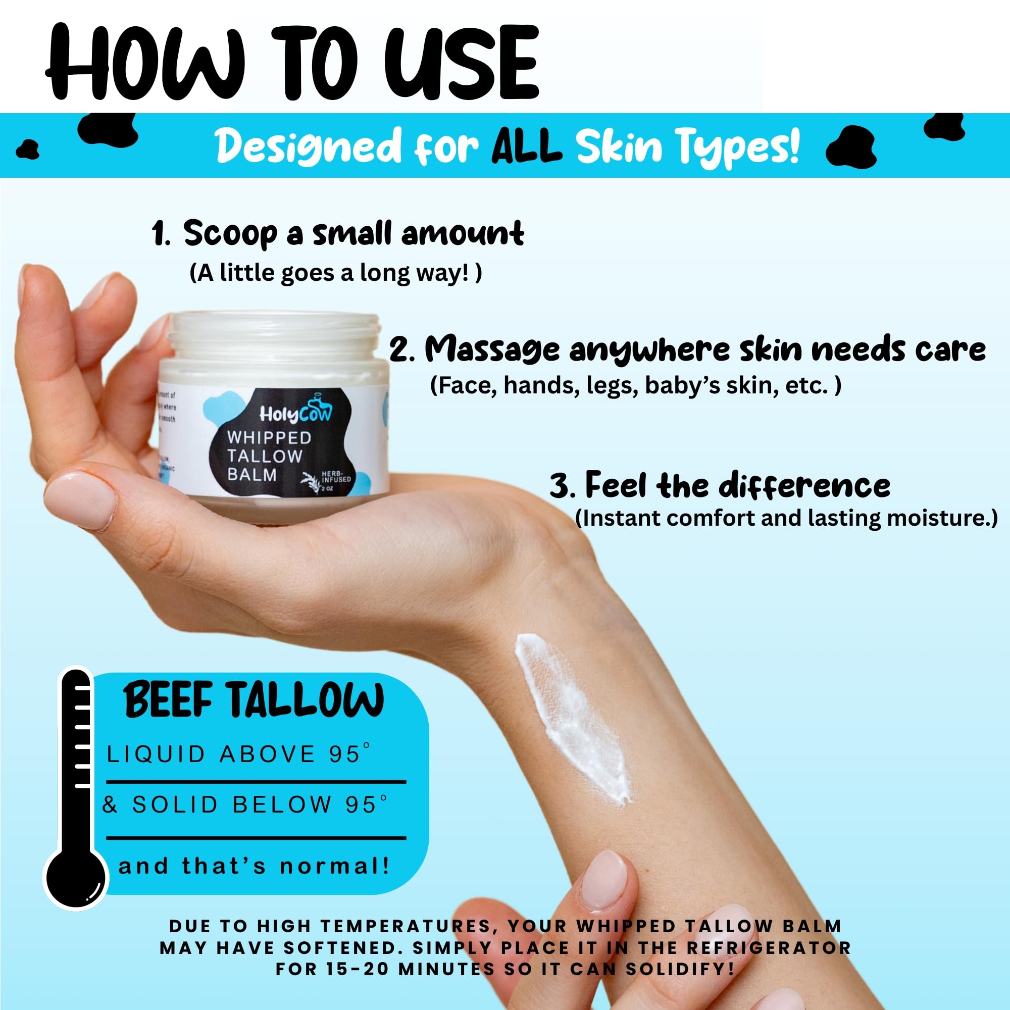 HolyCow 100% Grass Fed Beef Tallow For Skin - Whipped Tallow Balm with Organic Jojoba Oil (Unscented/Herb-Infused), Grass Fed Beef Tallow Face Moisturizer for Eczema, Baby, Lip Balm