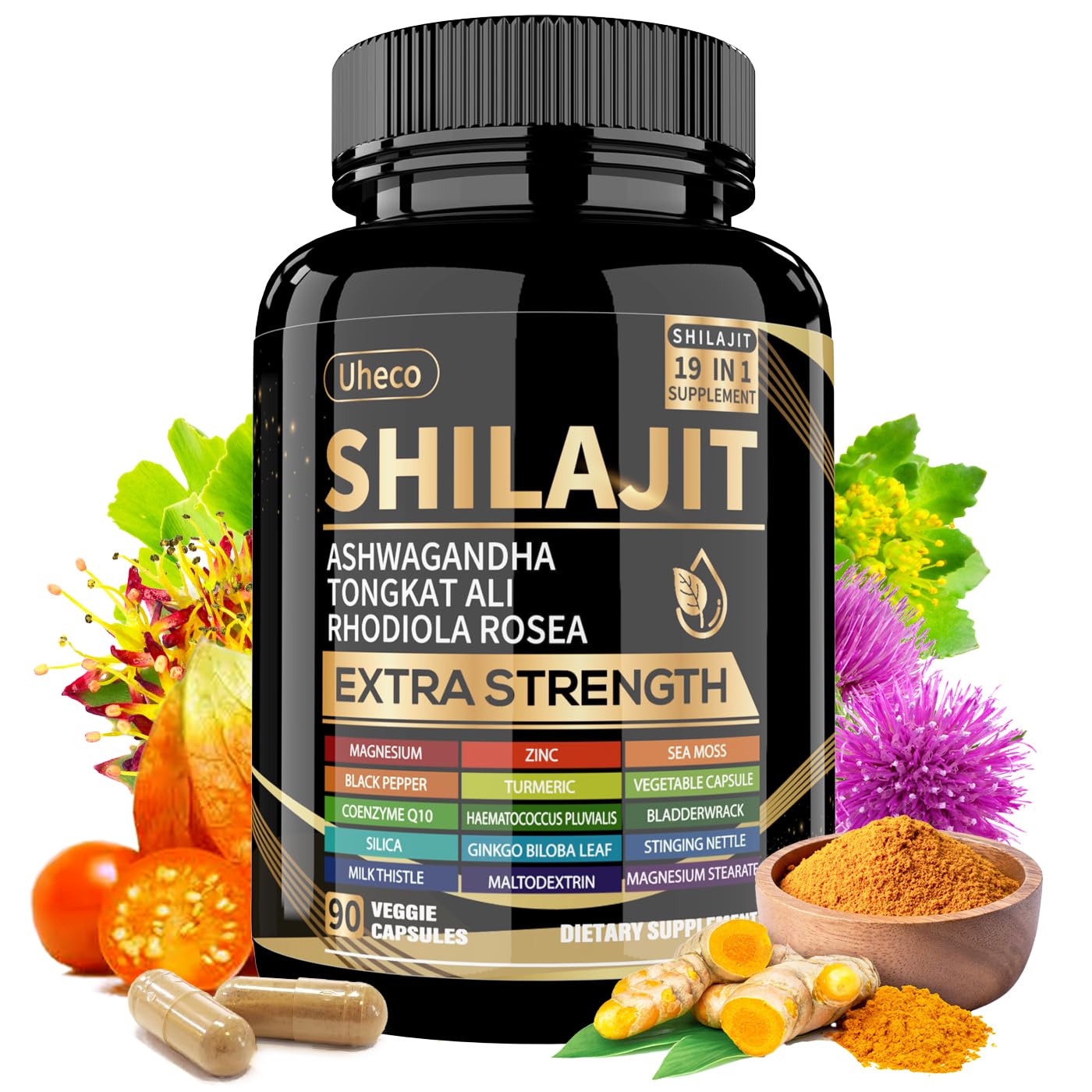 Uheco Shilajit Capsules, 19-in-1 Supplement with Sea Moss, Ashwagandha, Tongkat Ali & Fulvic Acid, Natural Mineral Wellness Supplement, Gluten Free, Non-GMO, 90 Capsules