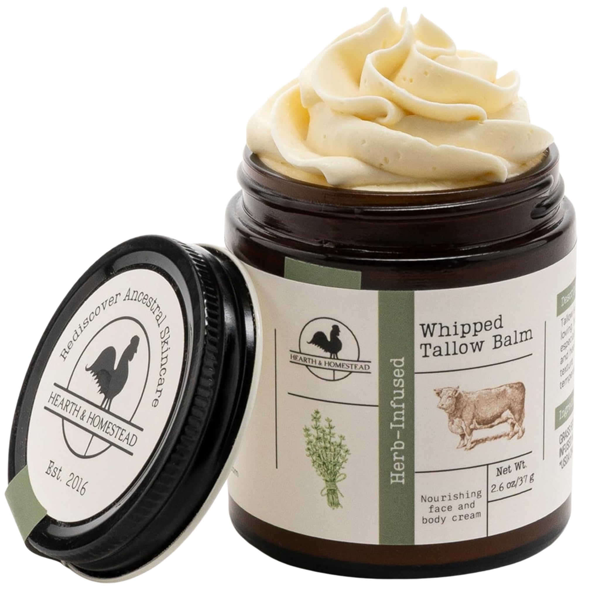 Hearth & Homestead Whipped Beef Tallow for Skin & Face - 100% Grass Fed, Eczema Cream & Body Butter - Organic Olive Oil, Calendula & Rose - Lotion & Hand Moisturizer for Dry Skin, Unscented, 2.6oz