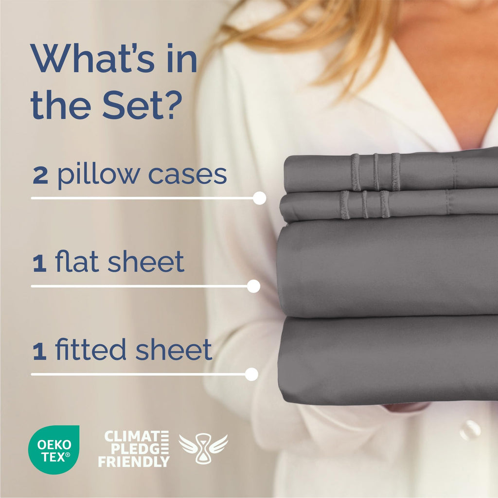 Queen Size 4 Piece Sheet Set - Comfy Breathable & Cooling Sheets - Hotel Luxury Bed Sheets for Women and Men - Deep Pockets, Easy-Fit, Soft and Wrinkle Free Sheets - Dark Grey Oeko-Tex Bed Sheet Set
