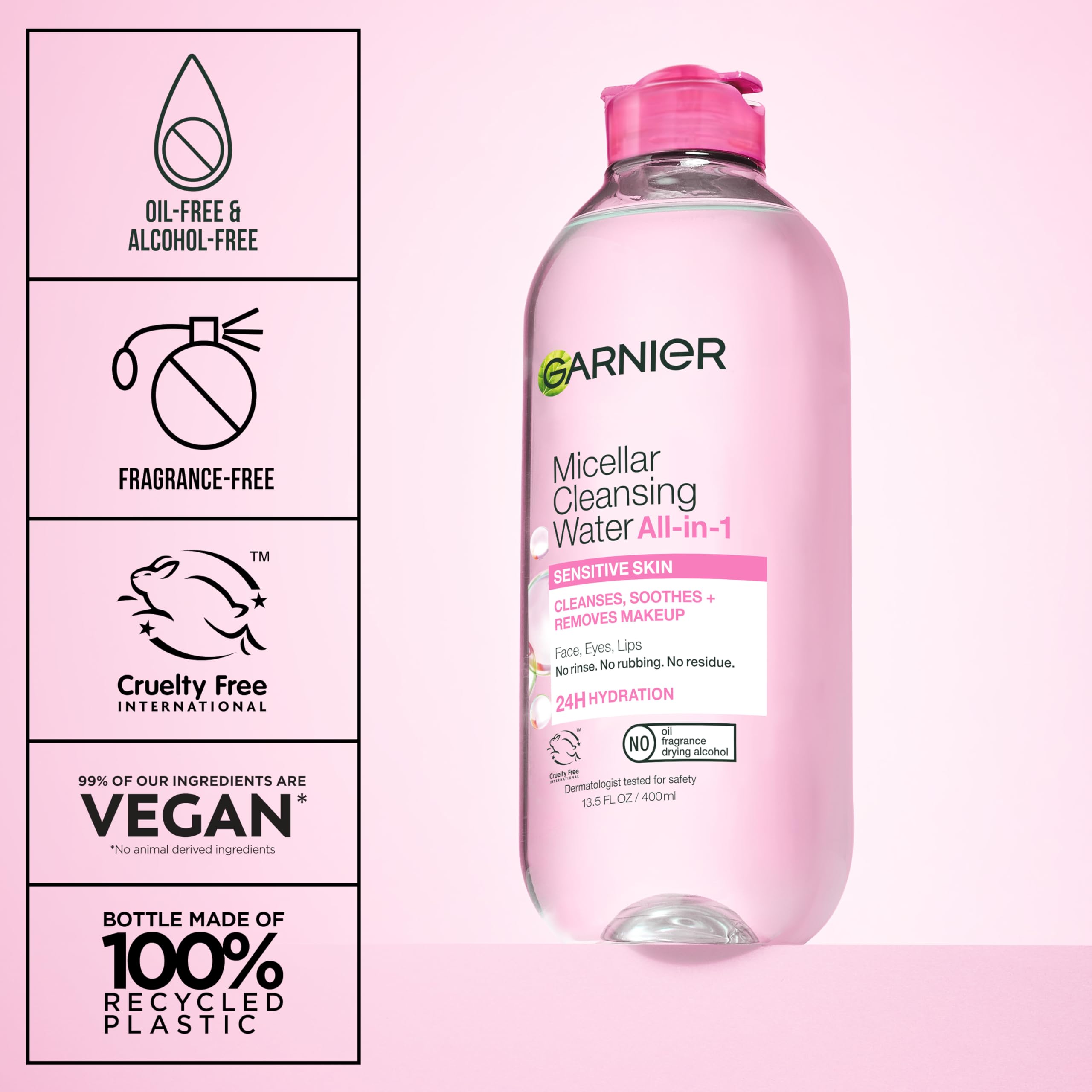 Garnier Micellar Water, Hydrating Facial Cleanser & Makeup Remover, Suitable for Sensitive Skin, Vegan, Cruelty Free, 13.5 Fl Oz (400mL), 2 Count