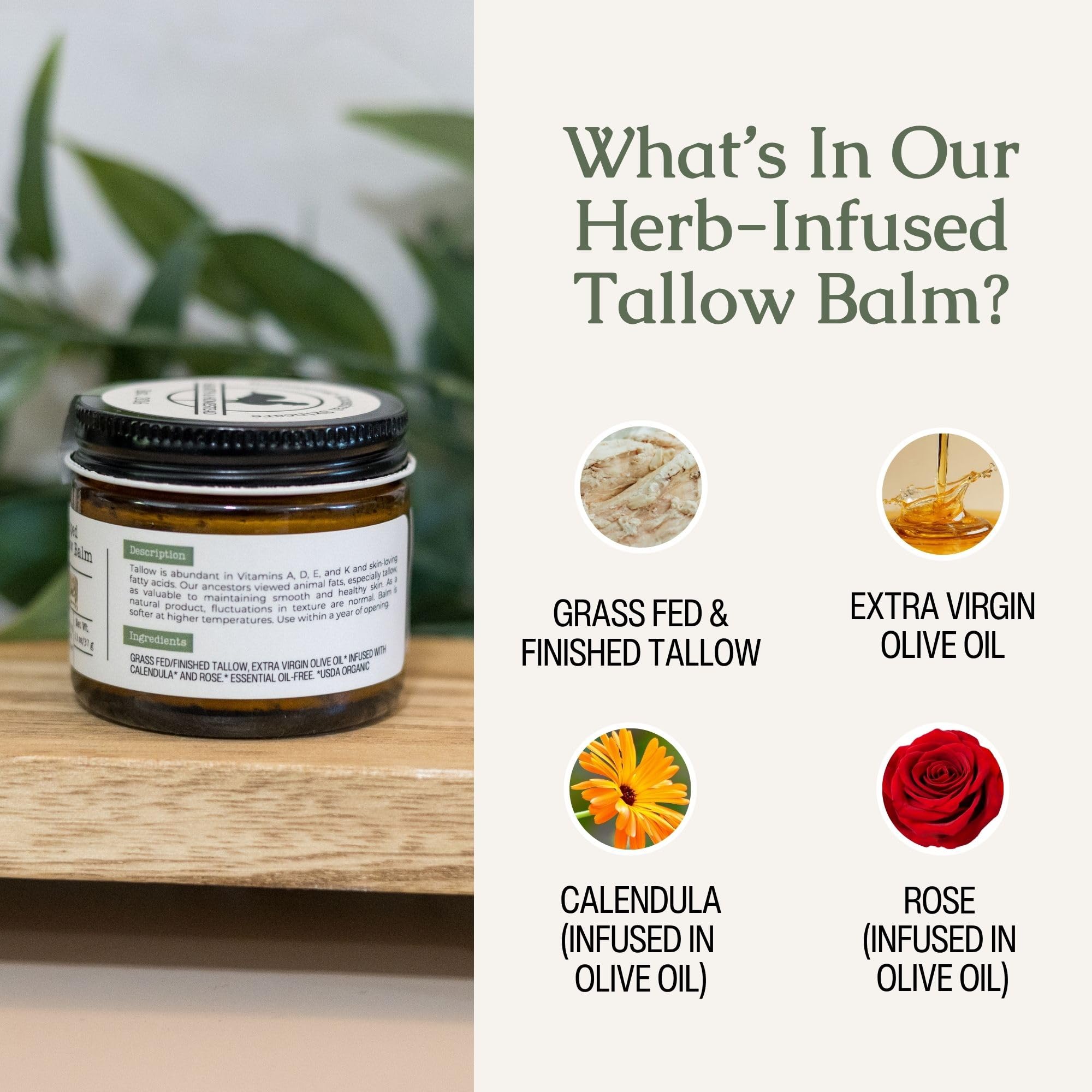 Hearth & Homestead Whipped Beef Tallow for Skin & Face - 100% Grass Fed, Eczema Cream & Body Butter - Organic Olive Oil, Calendula & Rose - Lotion & Hand Moisturizer for Dry Skin, Unscented, 1.3oz