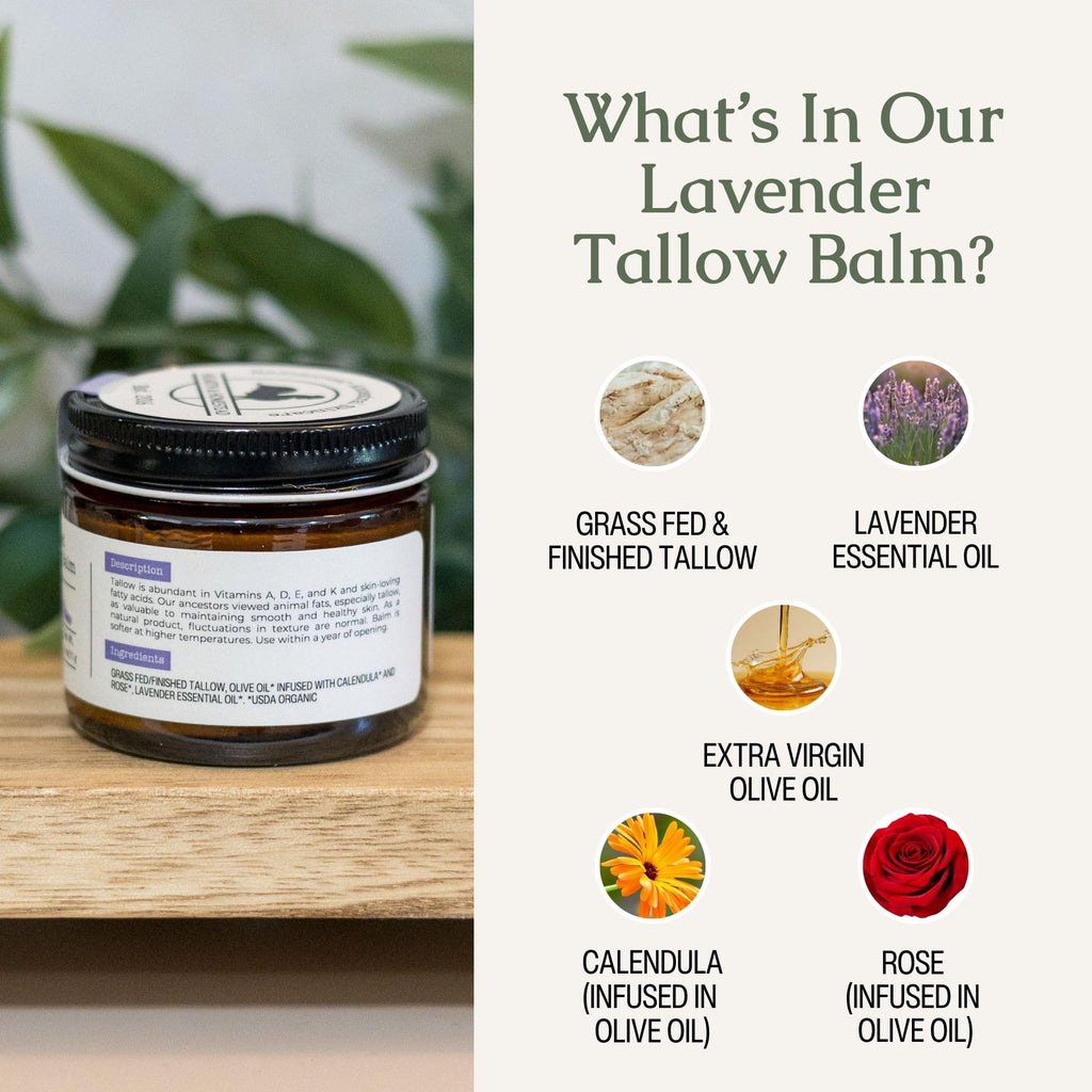 Hearth & Homestead Whipped Beef Tallow for Skin & Face, 100% Grass Fed, Eczema Cream & Body Butter, Organic Olive Oil, Calendula & Rose, Lotion & Hand Moisturizer for Dry Skin, Lavender, 1.3oz