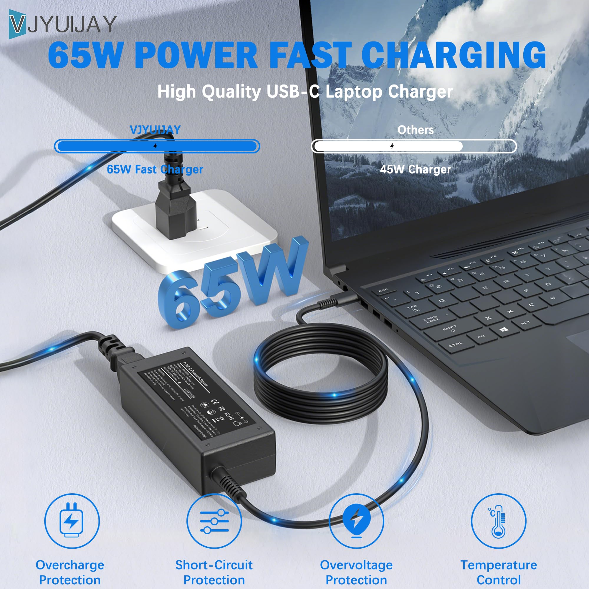 VJYUIJAY Universal 65W USB C Laptop Charger Compatible with HP chromebook Lenovo Dell Acer Asus Samsung Google Computer Type C Power AC Adapter