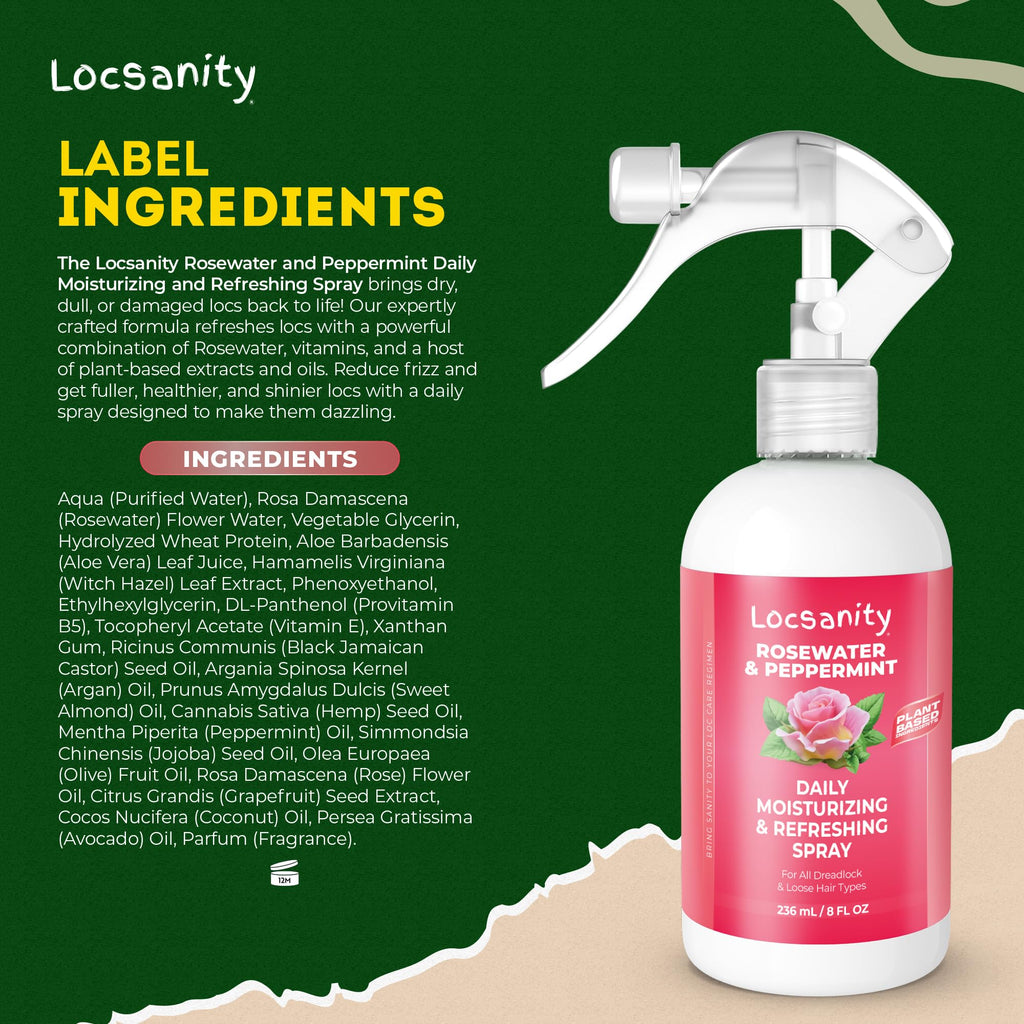 Loc Spray - Locsanity Daily Moisturizing Rosewater & Peppermint Spray for Locs, Dreadlocks - Lightweight Frizz Control Hair & Scalp Moisturizer - Natural Loc Care (8 fl oz)