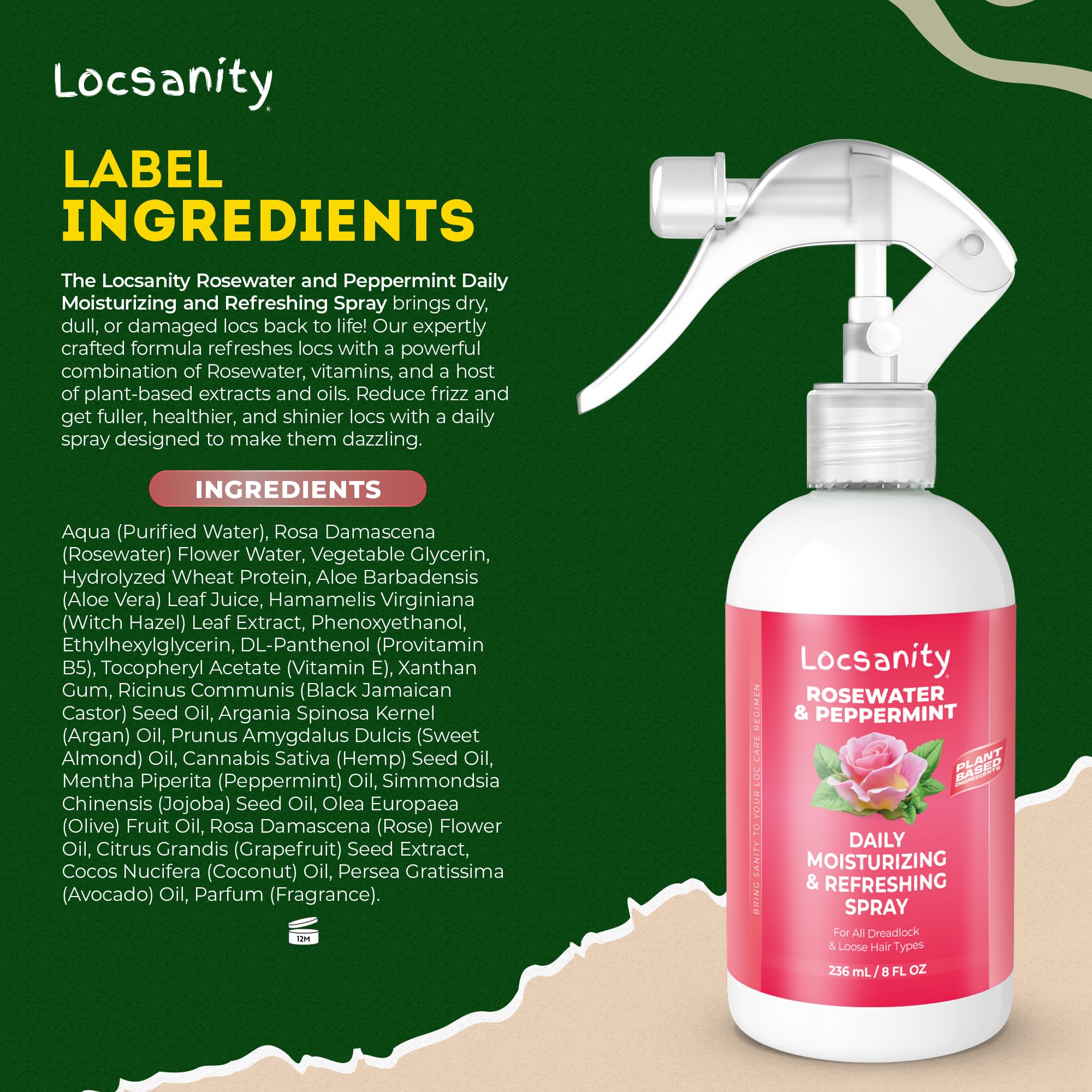 Loc Spray - Locsanity Daily Moisturizing Rosewater & Peppermint Spray for Locs, Dreadlocks - Lightweight Frizz Control Hair & Scalp Moisturizer - Natural Loc Care (8 fl oz)
