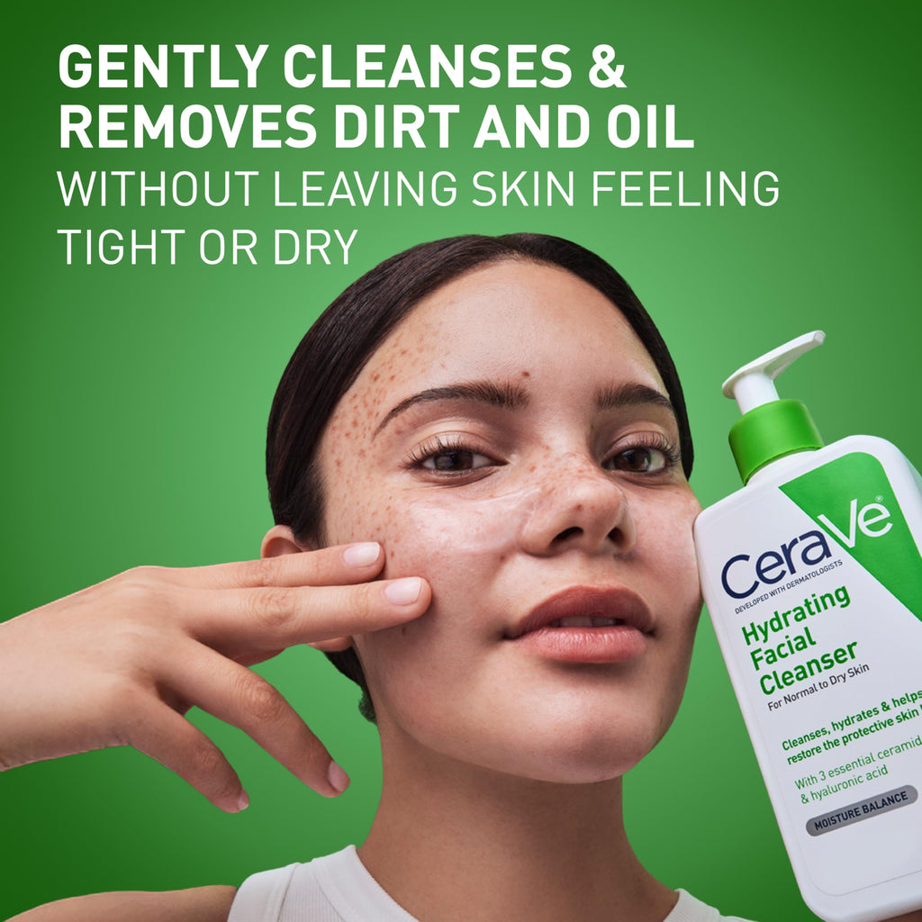 CeraVe Hydrating Facial Cleanser, Moisturizing Face Wash For Dry Skin, Hyaluronic Acid + Ceramides + Glycerin, Hydrating Cleanser For Normal To Dry Skin, National Eczema Association Certified, 16 Oz