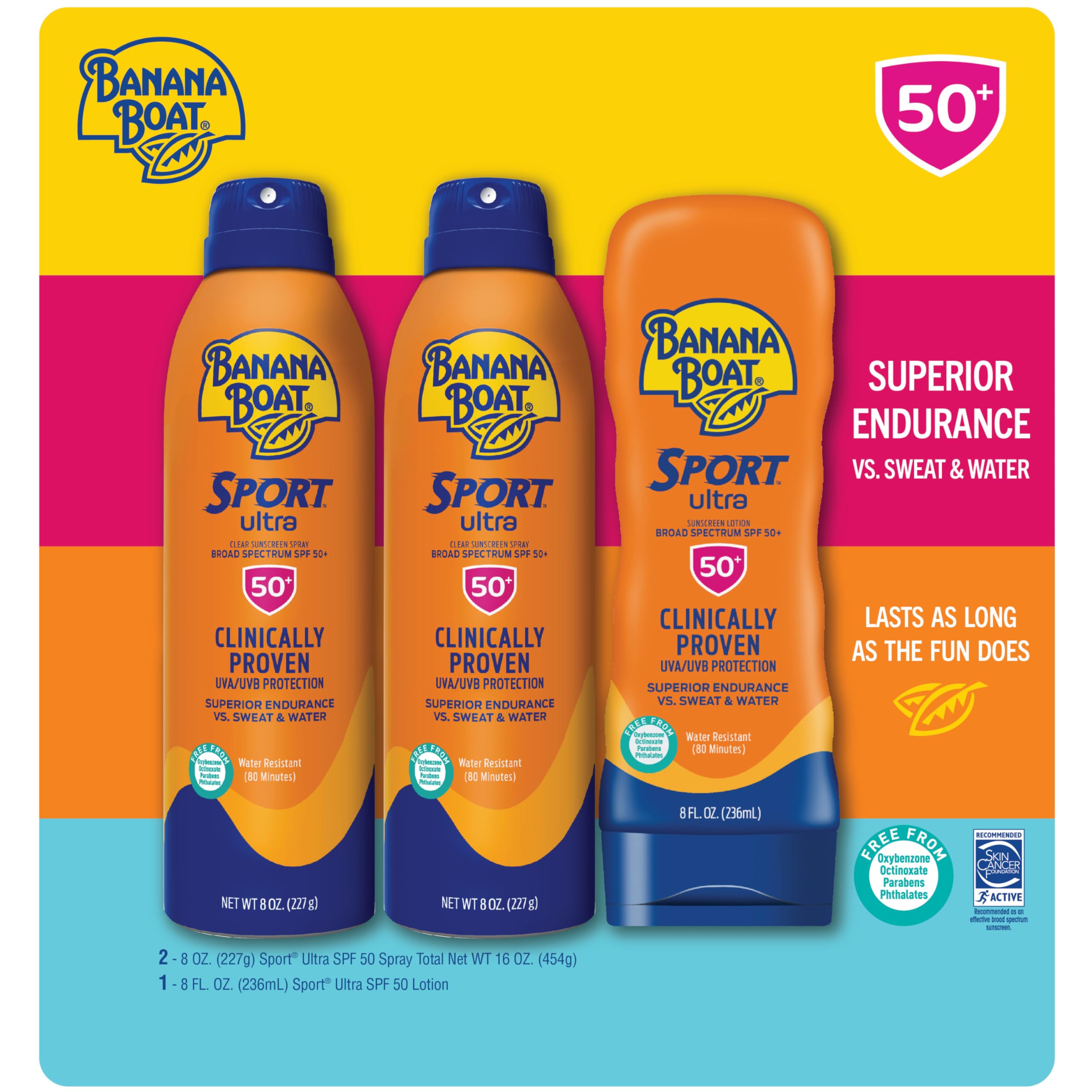 Banana Boat Sport Ultra SPF 50 Sunscreen Triple Pack | Includes 2 Sunscreen Sprays & 1 Lotion SPF 50, Sunblock, Water Resistant, Oxybenzone-Free, 8oz each (Pack of 3)