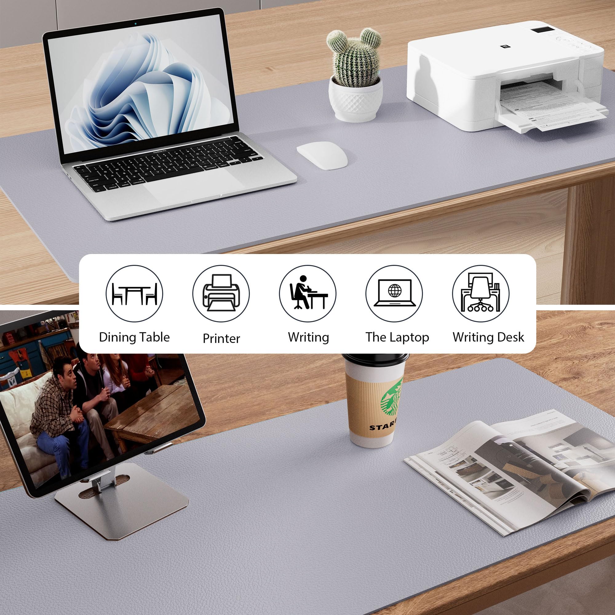 Aothia Large PU Leather Desk Pad Protector - Non-Slip Mouse Pad & Writing Mat for Office/Home, Waterproof, Easy to Clean (23.6" x 13.7", Smoky Lavender)