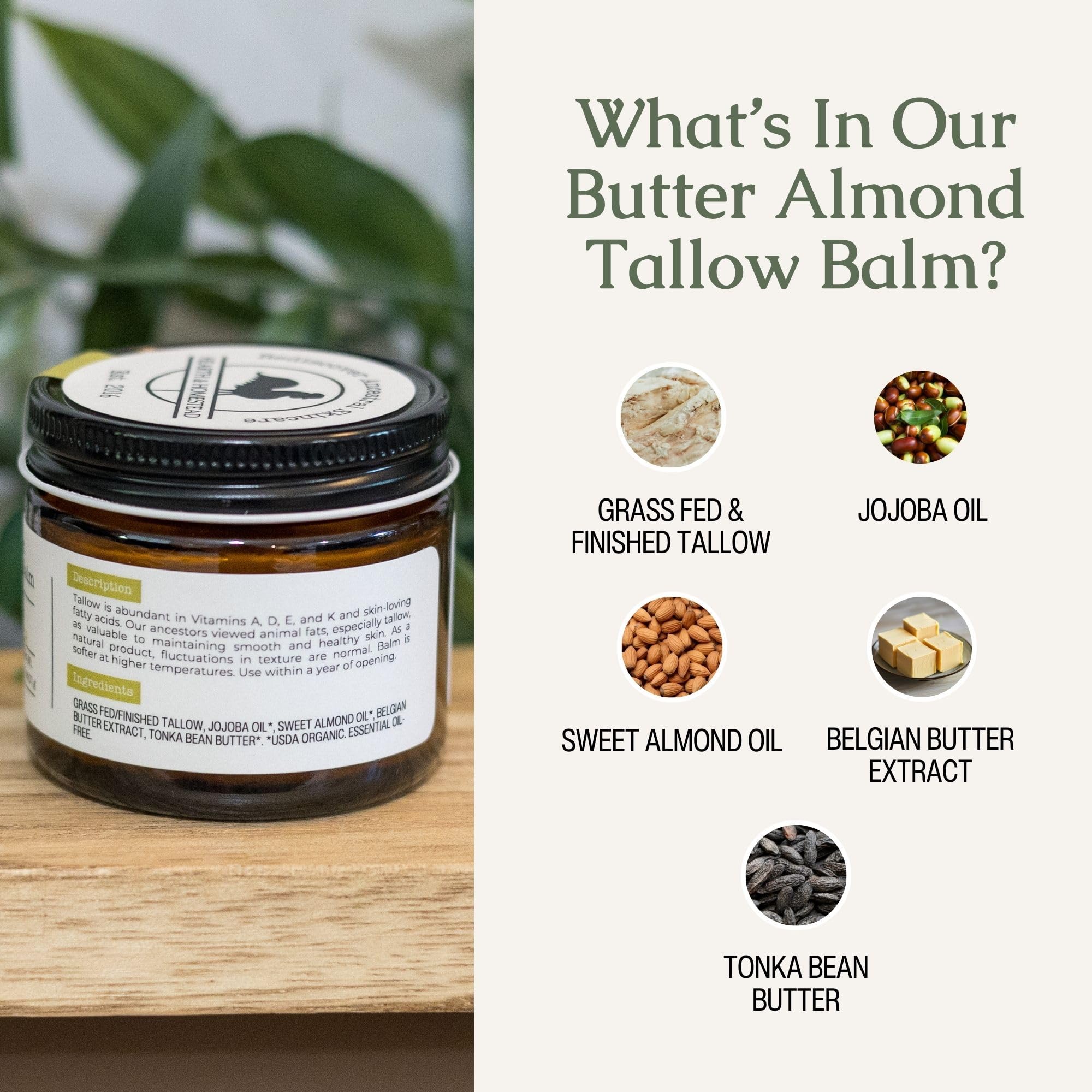 Hearth & Homestead Whipped Beef Tallow for Skin & Face, 100% Grass Fed, Eczema Cream & Body Butter, Organic Virgin Almond Oil, Lotion & Hand Moisturizer for Dry Skin, Butter Almond, 1.3oz