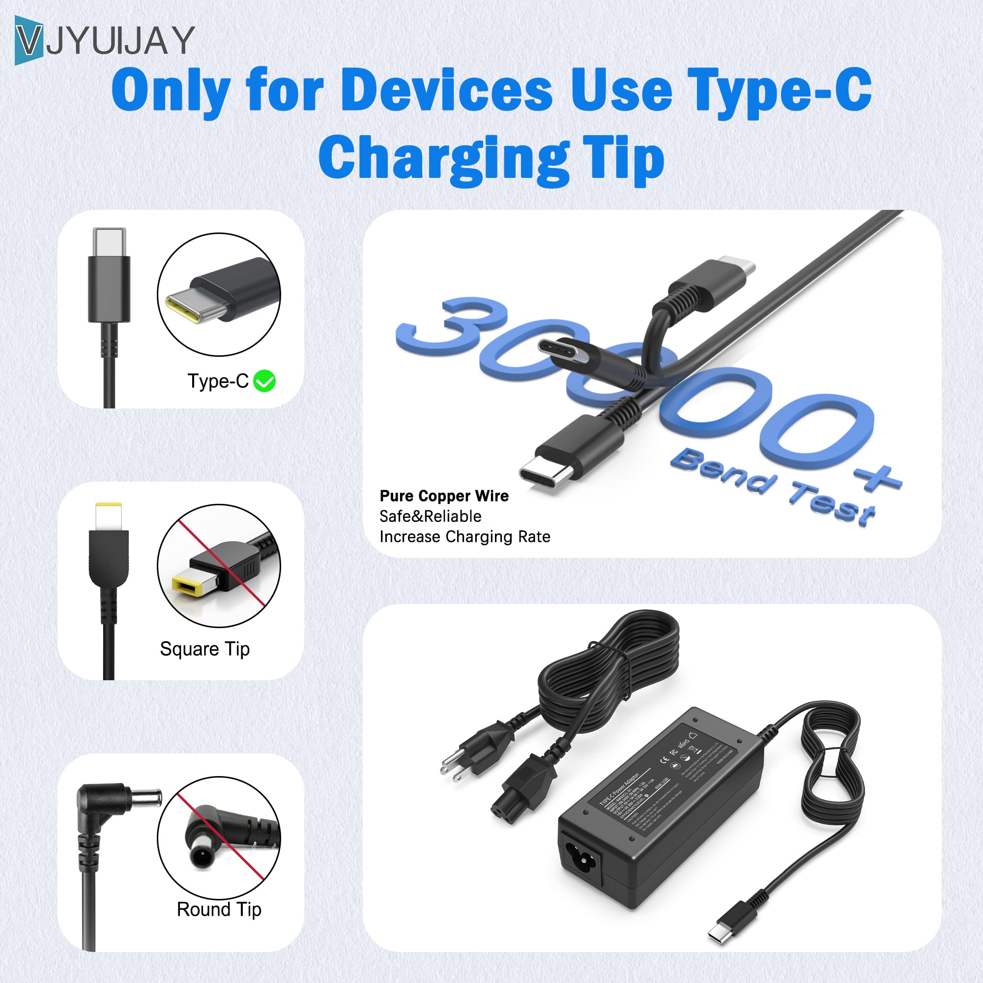 VJYUIJAY Universal 65W USB C Laptop Charger Compatible with HP chromebook Lenovo Dell Acer Asus Samsung Google Computer Type C Power AC Adapter