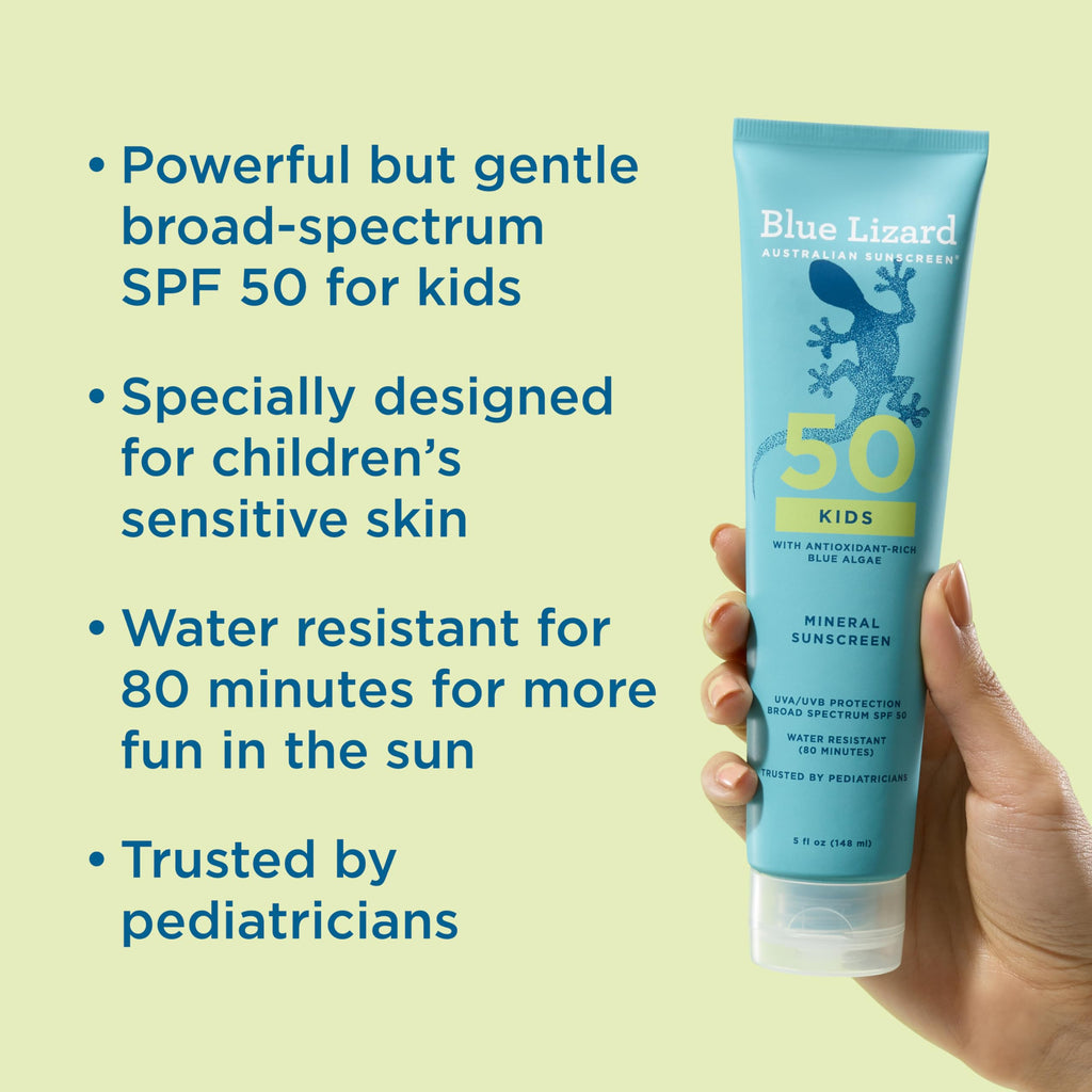 Blue Lizard Kids Mineral SPF 50 Sunscreen Lotion, 100% Mineral, Children’s Sunscreen, Water-Resistant Formula, Paraben-Free, Fragrance-Free, 5 fl oz