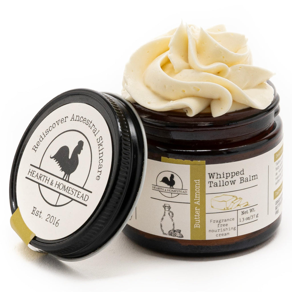 Hearth & Homestead Whipped Beef Tallow for Skin & Face, 100% Grass Fed, Eczema Cream & Body Butter, Organic Virgin Almond Oil, Lotion & Hand Moisturizer for Dry Skin, Butter Almond, 1.3oz