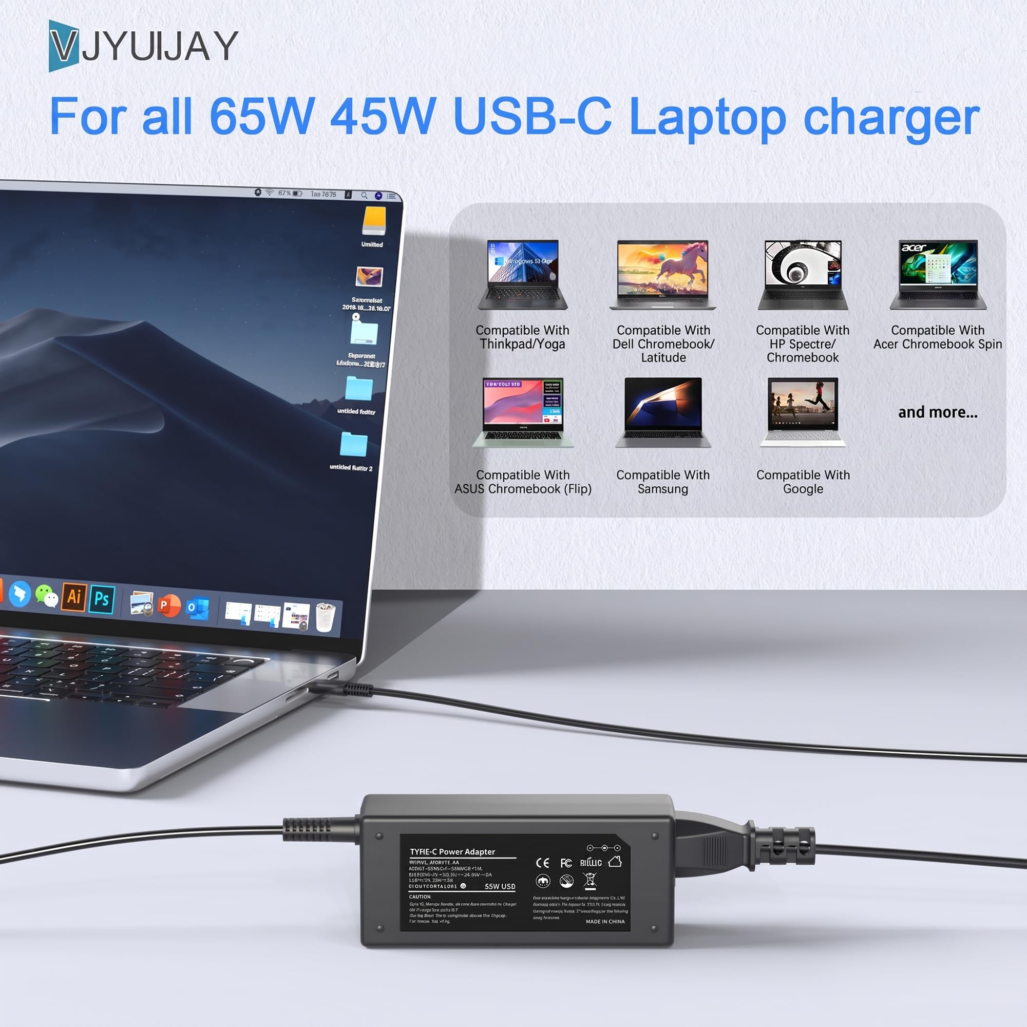 VJYUIJAY Universal 65W USB C Laptop Charger Compatible with HP chromebook Lenovo Dell Acer Asus Samsung Google Computer Type C Power AC Adapter
