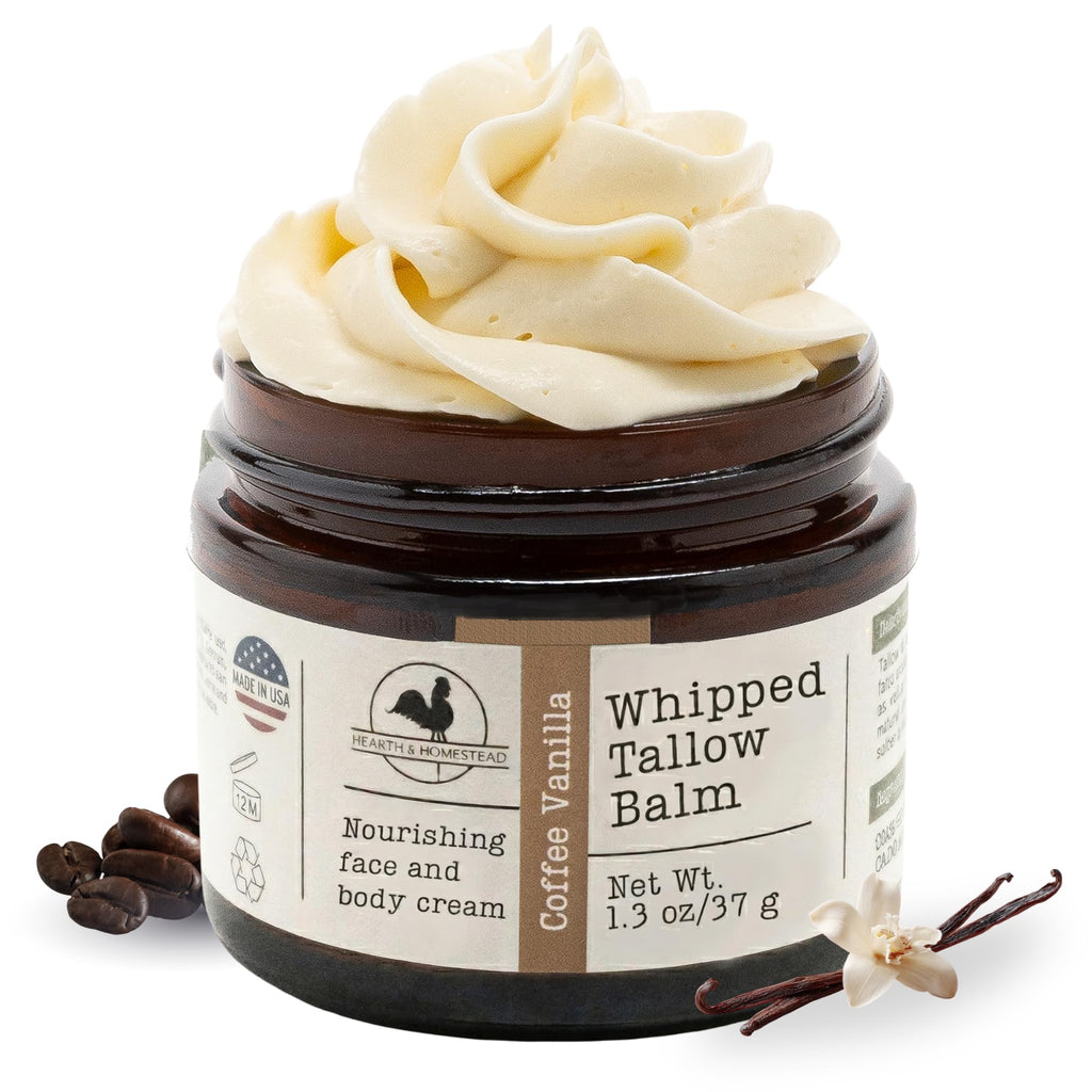 Hearth & Homestead Whipped Beef Tallow for Skin & Face - 100% Grass Fed, Eczema Cream & Body Butter, Organic Olive Oil, Calendula & Rose, Lotion & Hand Moisturizer for Dry Skin, Coffee Vanilla, 1.3oz