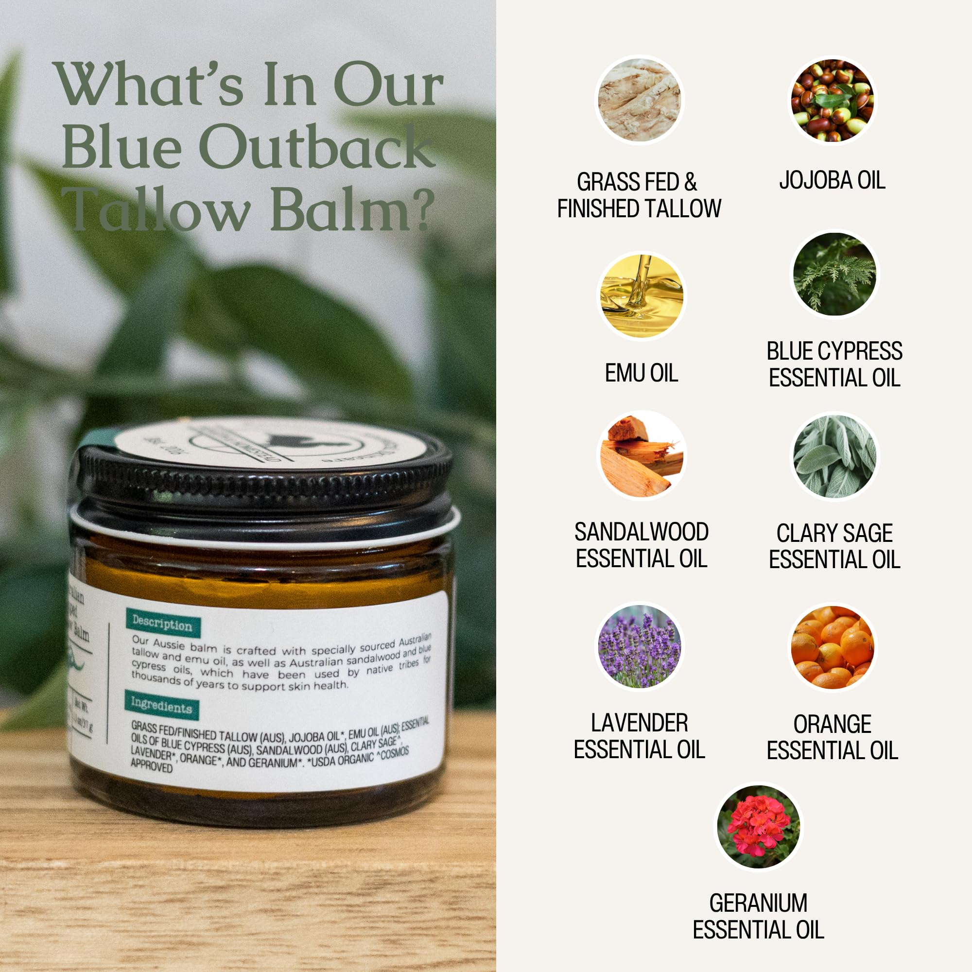 Hearth & Homestead Whipped Beef Tallow for Skin & Face, 100% Australian Grass Fed, Eczema Cream & Body Butter, Lotion & Hand Moisturizer for Dry Skin, Emu, Jojoba, Sandalwood, and Blue Cypress, 1.3oz
