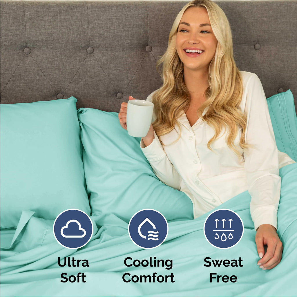 Queen Size 4 Piece Sheet Set - Comfy Breathable & Cooling Sheets - Hotel Luxury Bed Sheets for Women & Men - Deep Pockets, Easy-Fit, Extra Soft & Wrinkle Free Sheets - Spa Blue Oeko-Tex Bed Sheet Set