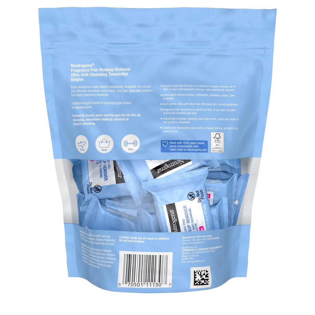 Neutrogena Fragrance-Free Makeup Remover Wipes Singles, Individually Wrapped Face Towelettes, Gently Remove Dirt, Oil, Waterproof Mascara & Makeup, Alcohol-Free Daily Face Wipes for Travel, 20 ct