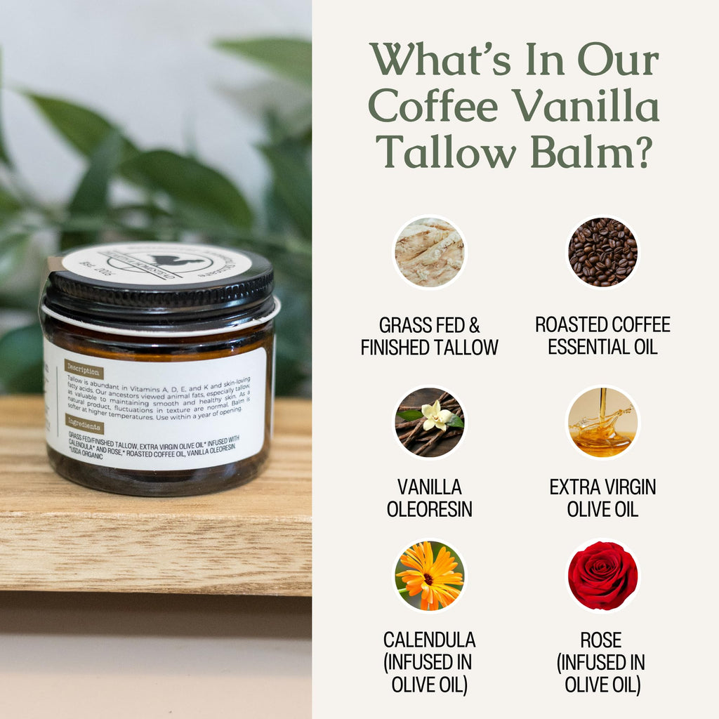 Hearth & Homestead Whipped Beef Tallow for Skin & Face - 100% Grass Fed, Eczema Cream & Body Butter, Organic Olive Oil, Calendula & Rose, Lotion & Hand Moisturizer for Dry Skin, Coffee Vanilla, 1.3oz