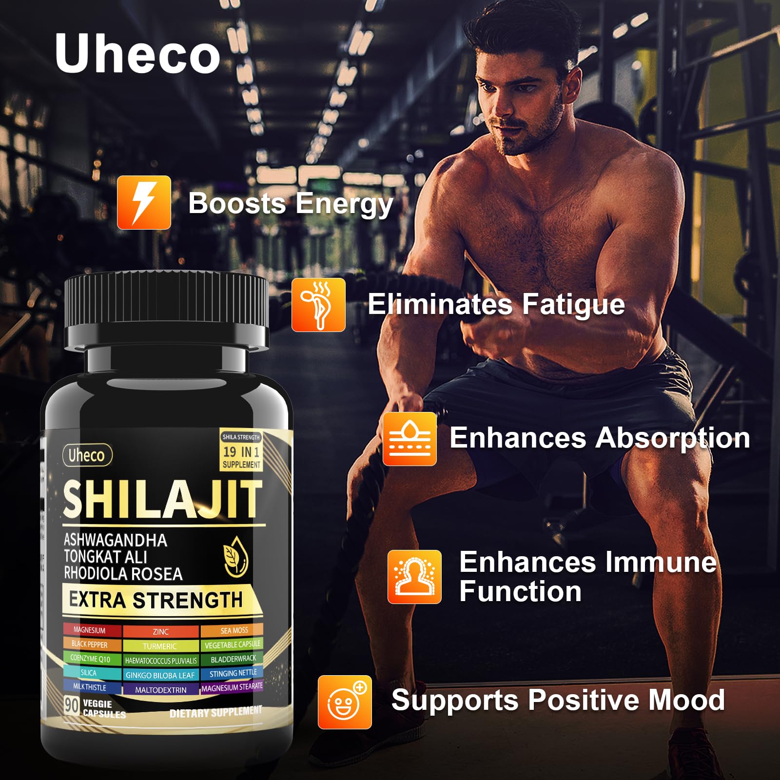 Uheco Shilajit Capsules, 19-in-1 Supplement with Sea Moss, Ashwagandha, Tongkat Ali & Fulvic Acid, Natural Mineral Wellness Supplement, Gluten Free, Non-GMO, 90 Capsules