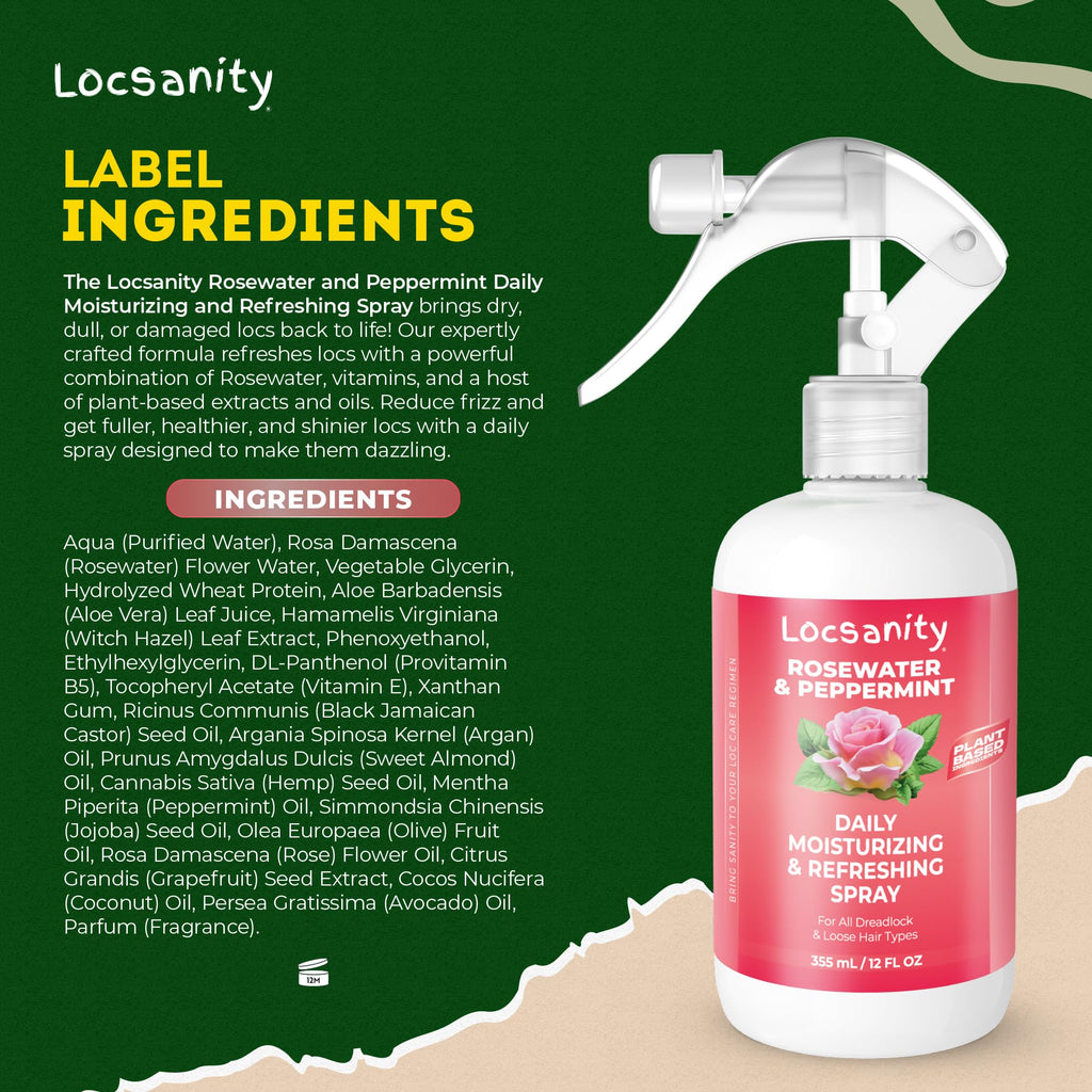 Loc Spray - Locsanity Daily Moisturizing Rosewater & Peppermint Spray for Locs, Dreadlocks - Lightweight Frizz Control Hair & Scalp Moisturizer - Natural Loc Care (12 fl oz)