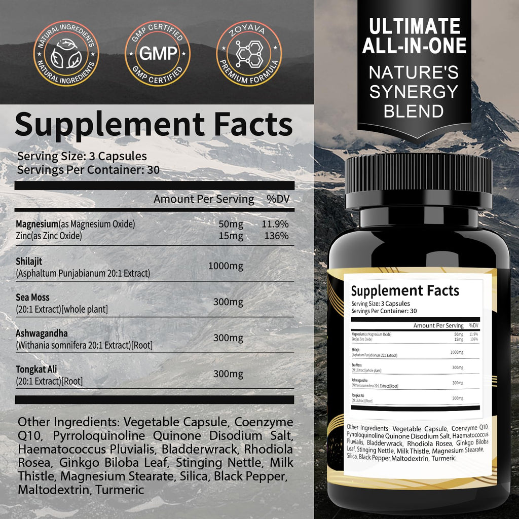 Uheco Shilajit Capsules, 19-in-1 Supplement with Sea Moss, Ashwagandha, Tongkat Ali & Fulvic Acid, Natural Mineral Wellness Supplement, Gluten Free, Non-GMO, 90 Capsules