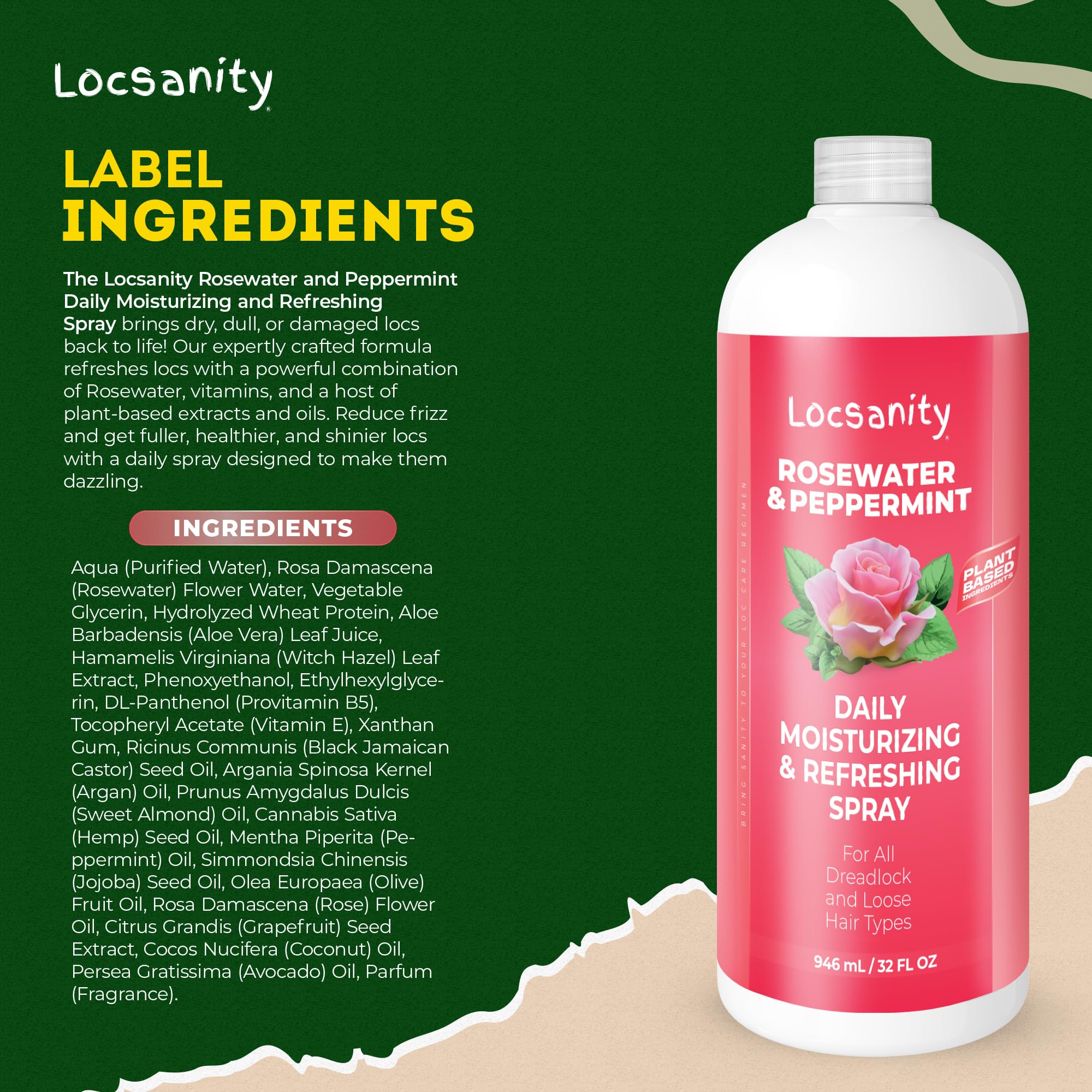 Loc Spray - Locsanity Daily Moisturizing Rosewater & Peppermint Spray for Locs, Dreadlocks - Lightweight Frizz Control Hair & Scalp Moisturizer - Natural Loc Care (32 fl oz)