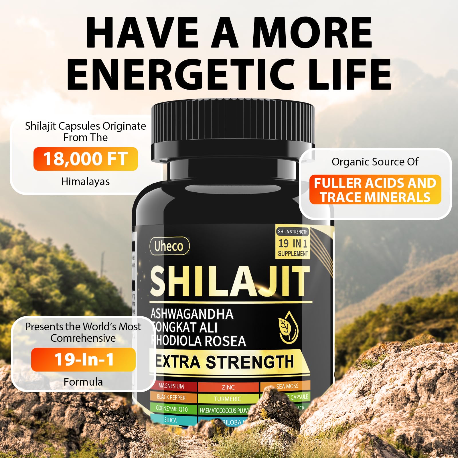 Uheco Shilajit Capsules, 19-in-1 Supplement with Sea Moss, Ashwagandha, Tongkat Ali & Fulvic Acid, Natural Mineral Wellness Supplement, Gluten Free, Non-GMO, 90 Capsules